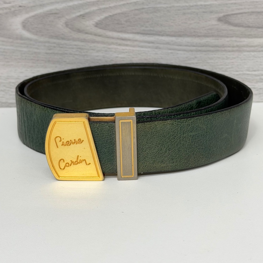 Vintage Pierre Cardin Belt 36 Green Leather Gold Buckle Spain 1970s Mod Mens